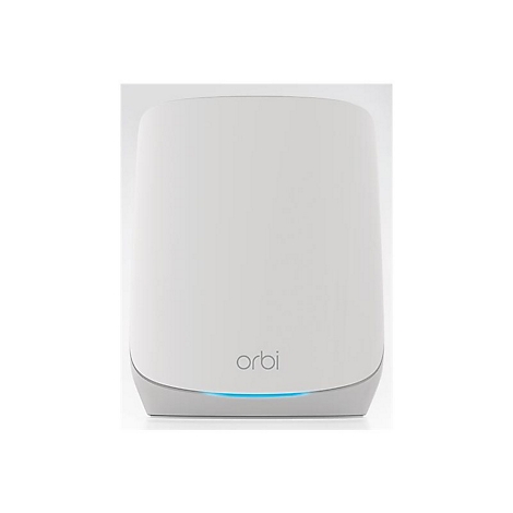 WeiÃŸes Orbi WLAN-GerÃ¤t mit abgerundeten Ecken und blau leuchtendem Sockel. Das Logo orbi ist unten angebracht.
