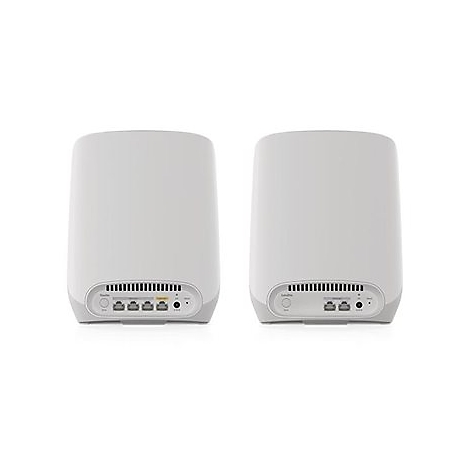 Zwei weiße Router nebeneinander. Rückseite mit Anschlüssen und Lüftungsschlitzen.
