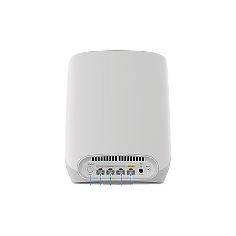 Rückseite eines weißen Routers mit Anschlüssen für Strom, Ethernet und Reset-Taste.