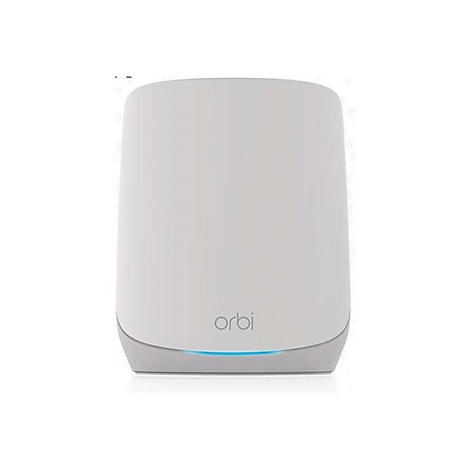 Grauer Router mit abgerundeten Ecken, blauer Lichtleiste unten, „orbi“-Logo. Auf weißem Grund.