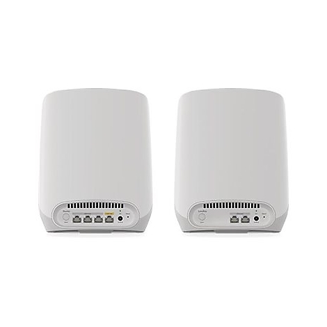 Zwei weiße Router nebeneinander. Unterseite mit Anschlüssen, grau abgesetzt.