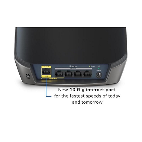 Nahaufnahme der Anschlüsse eines Routers mit gelbem 10-Gigabit-Internetanschluss und Hinweis auf schnelle Geschwindigkeiten.