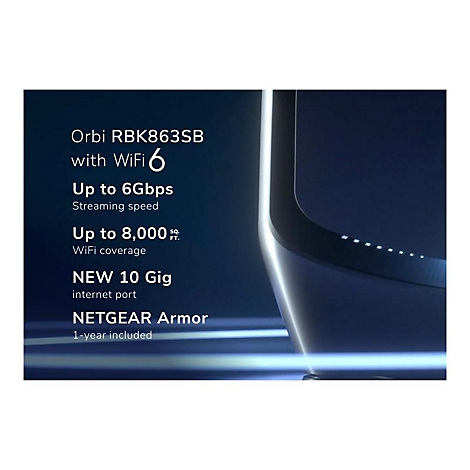 Nahaufnahme des Orbi RBK863SB Routers mit Auflistung technischer Spezifikationen wie WiFi 6 und 6Gbps Geschwindigkeit.
