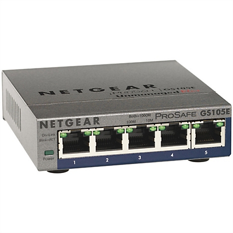 Ein grauer Netzwerk-Switch mit dem Schriftzug NETGEAR und fünf Ports.