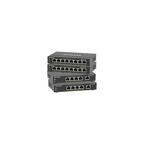 Quatre commutateurs rÃ©seau noirs Netgear empilÃ©s, avec ports Ethernet et LED vertes. Chaque appareil porte un nom de modÃ¨le.