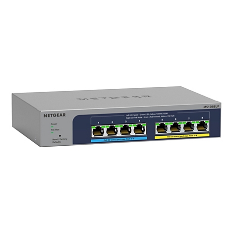 Commutateur rÃ©seau gris avec huit ports. Inscription : NETGEAR. Plusieurs LED et marquages colorÃ©s.