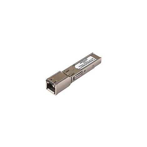 Ein Metall-Modul, bezeichnet als Netgear, mit Stecker und Beschriftung auf weißem Grund.