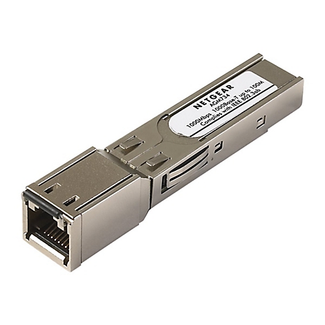 Ein silbernes Netzwerkmodul von Netgear. Mit Schriftzug und Netzwerkanschluss.