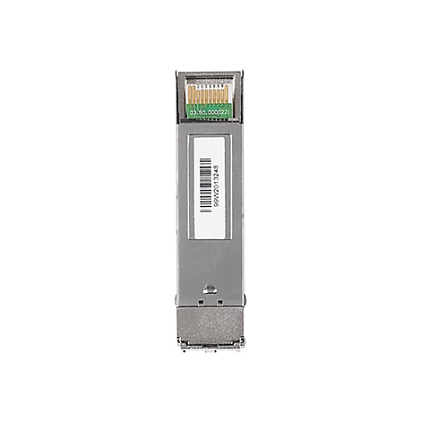 Ein silberner SFP-Transceiver. Oben befindet sich ein grüner Chip. Ein weißes Etikett mit Barcode und der Aufschrift 99W2013248.