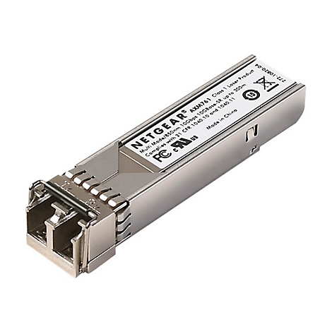 Silberfarbener Netzwerk-Transceiver mit Aufschrift NETGEAR AXM761.