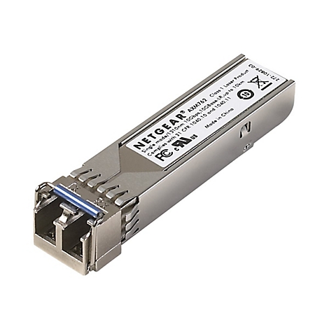 Ein silberner NETGEAR AXM762 Transceiver, auf weißem Grund. Aufschrift: Single mode 10Gbps, 10GBase-LR, bis zu 10km.