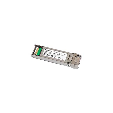 Ein silberner NETGEAR AM734 SFP Transceiver. Der grüne Stecker ist links, der Text ist lesbar.