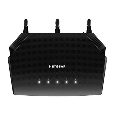 Schwarzer Router mit drei Antennen, NETGEAR-Schriftzug, vier Leuchten.