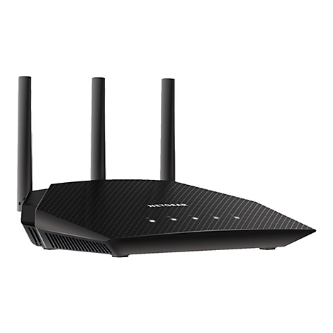 Schwarzer Router mit drei Antennen, NETGEAR Schriftzug, drei Leuchten.