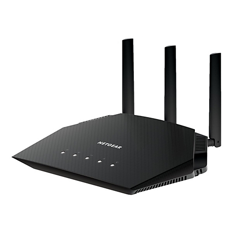 Schwarzer Router mit drei Antennen, Netgear Logo und leuchtenden LEDs.