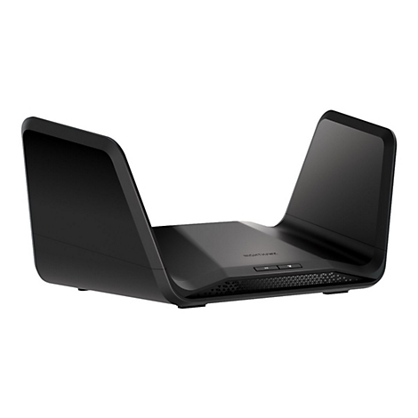 Schwarzer Router, Design mit zwei vertikalen FlÃ¼geln, flache Oberseite mit KnÃ¶pfen und LÃ¼ftungsschlitzen.
