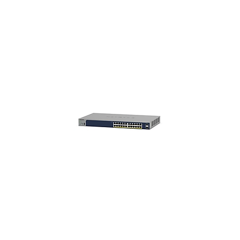 Ein grauer Netzwerk-Switch mit blauer Front, zahlreichen gelben Ethernet-Ports und einem Firmenlogo.