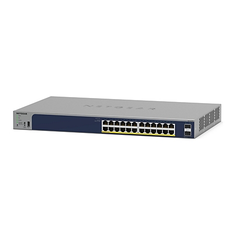 Ein grauer Netzwerk-Switch mit blauer Front, auf dem der Name Netgear steht, und mehreren Ports.