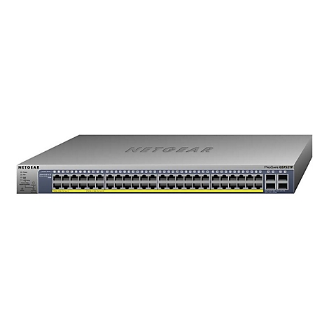 Ein grauer Netzwerkswitch von Netgear, Modell ProSafe GS752TP, mit zahlreichen Anschlüssen und einer gelben Leiste.