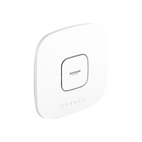 Weißer quadratischer Netgear Access Point mit abgerundeten Ecken und Status-LEDs auf weißem Hintergrund.
