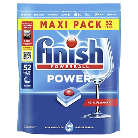 Un paquet de tablettes pour lave-vaisselle Finish Powerball, bleu et blanc avec un accent rouge. Inscription : Maxi Pack 52 Tabs.