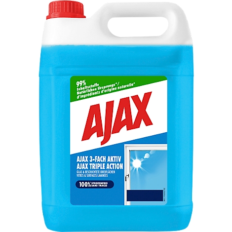 Bouteille de produit de nettoyage bleue avec un bouchon rouge et une poignée blanche. Texte : AJAX.