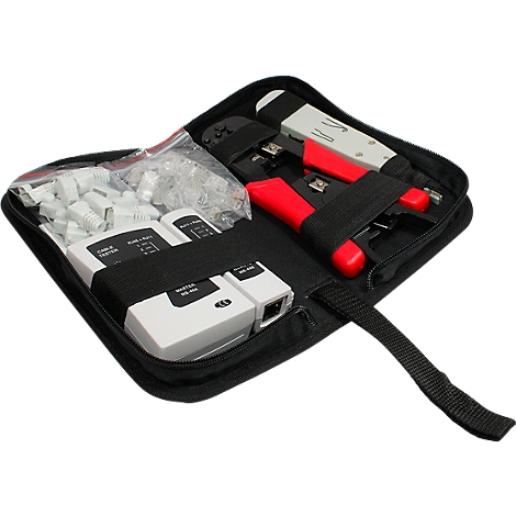 Black tool bag with network tools: crimping tool, cable tester, and RJ45 connectors.