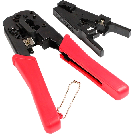 A crimping tool with red handles and a single wire stripper on a white background.