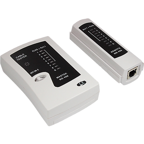 Two white cable testers with black displays. One is labeled "CABLE TESTER", the other "REMOTE".