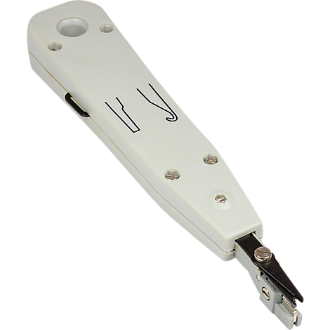 White tool with blades, symbols and an opening for cables. It is a cutting and punchdown tool for telecommunications cables.