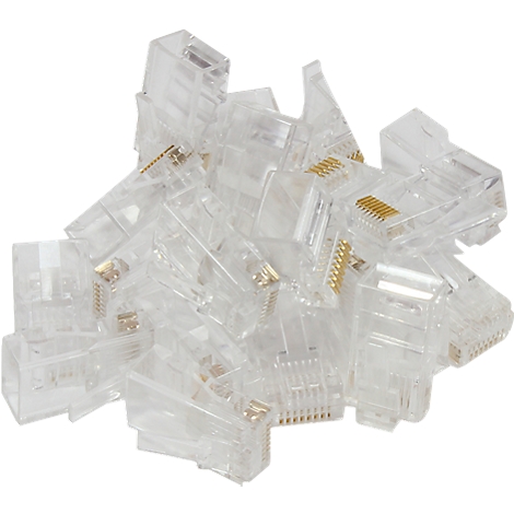 A pile of transparent, rectangular RJ45 connectors with gold contacts.