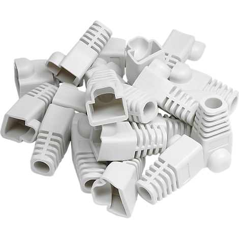 Pile of white, plastic cable connectors. Various shapes and sizes.