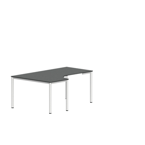 Corner desk with dark table top and white legs, isolated on white background.