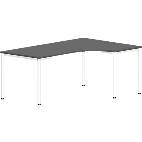 An L-shaped gray desk with white legs. It stands against a white background.