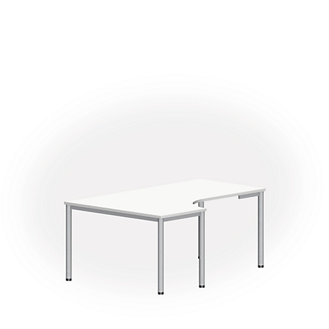 A white desk with silver legs against a white background.