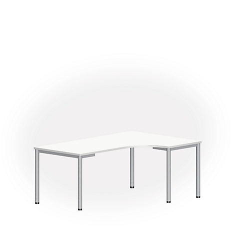 White L-shaped desk with silver legs.