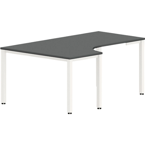 L-shaped desk with gray top and white frame. One leg has a small black cap.