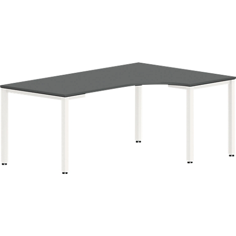 An L-shaped desk with grey table top and white legs on a white background.
