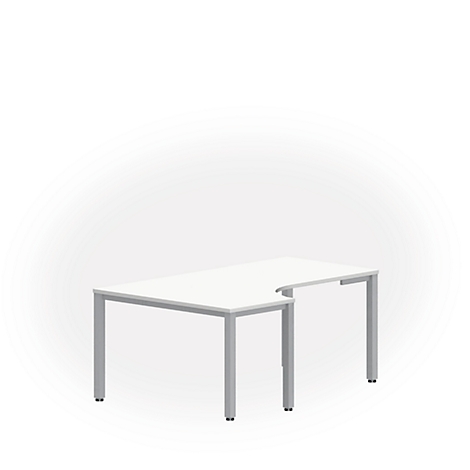 White desk with light gray legs. The design is angular with a recess.