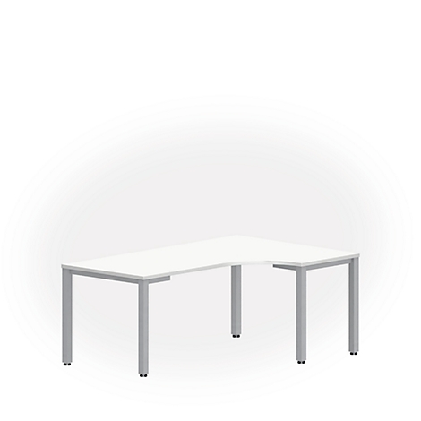 White corner desk with gray legs on a white background.