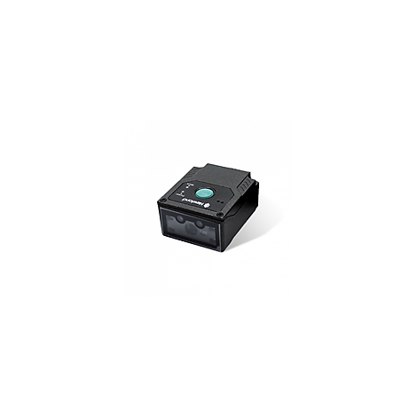 Scanner de codes-barres noir avec bouton vert et logo de l'entreprise sur fond blanc.