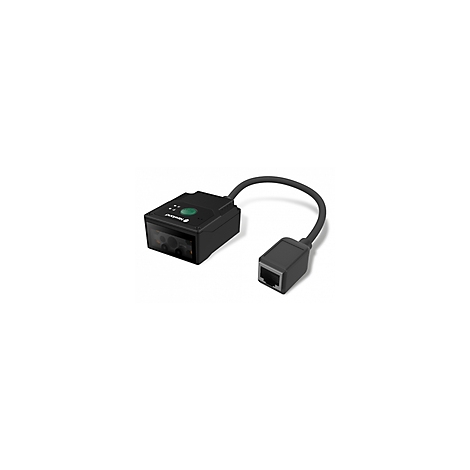 Scanner de codes-barres noir avec bouton vert, connecteur RJ45, câble.