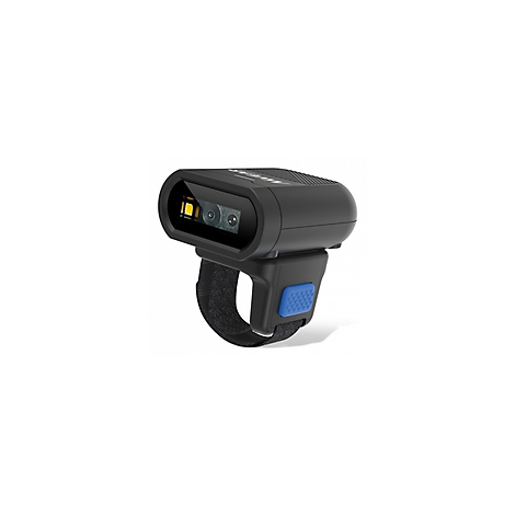 Schwarzer Barcode-Scanner am Handgelenk mit blauem Knopf. Der Scanner hat ein Display und einen kreisförmigen Sensor.