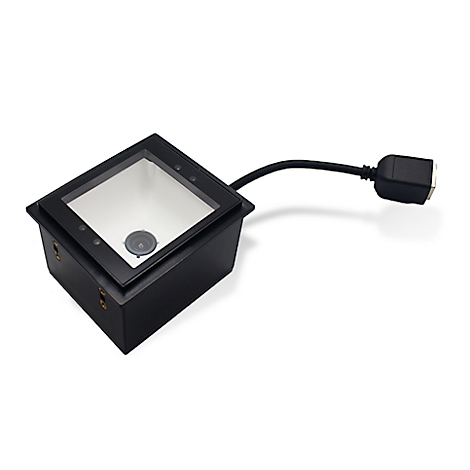 Scanner de codes-barres noir. Forme rectangulaire avec fenêtre transparente et lentille centrale. Cadre noir.