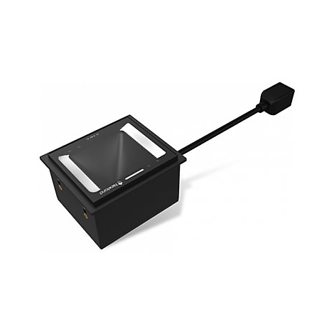 Scanner de codes-barres noir avec câble et prise, sur fond blanc.