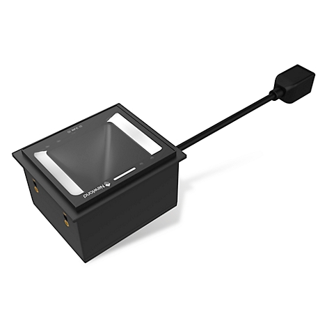 Ein schwarzer Barcode-Scanner mit Kabel. Oben ist eine Glasfläche mit zwei weißen Leuchten. Der Stecker ist eckig.
