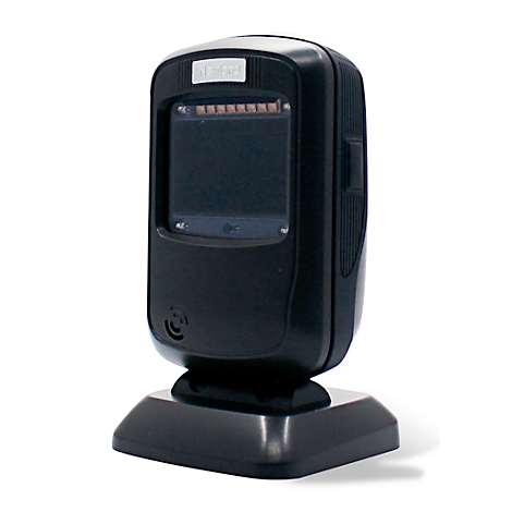 Black barcode scanner on base, with scan window and company logo. View from a slightly elevated perspective.
