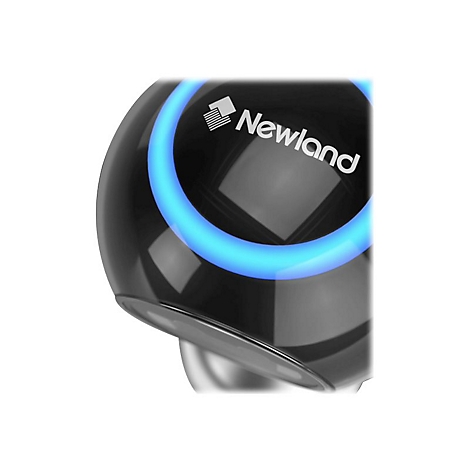 Detailaufnahme eines schwarzen Geräts mit blau leuchtendem Ring. Das Logo "Newland" ist sichtbar.