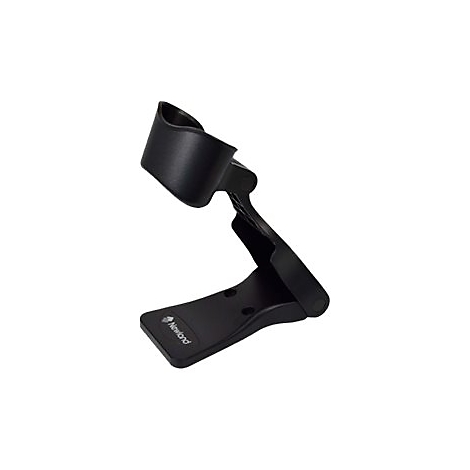 Schwarzer Barcode-Scanner-Halter mit Basis, Winkel und Halterung, vor weiÃŸem Hintergrund.