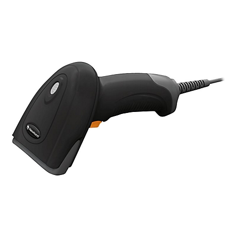 Ein schwarzer Barcode-Scanner mit gelbem Knopf und Kabel. Auf dem Scanner ist ein Logo zu sehen.